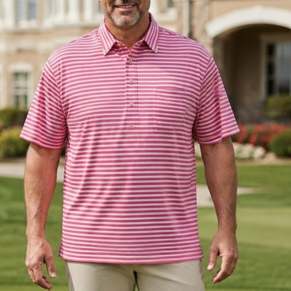 Donald Ross Men's Large Pink White Striped Golf Polo Shirt Button Down Collar